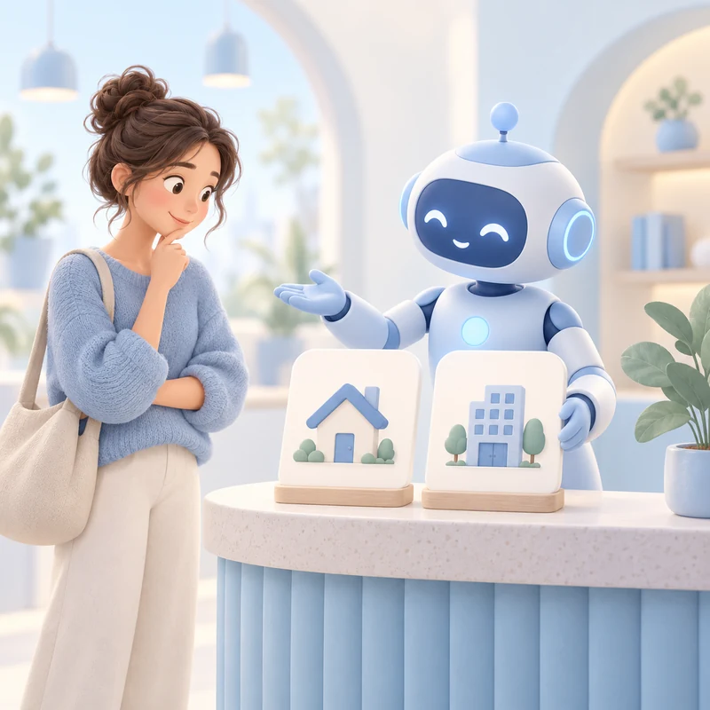 A helpful AI concierge explaining two service options to a prospective customer.