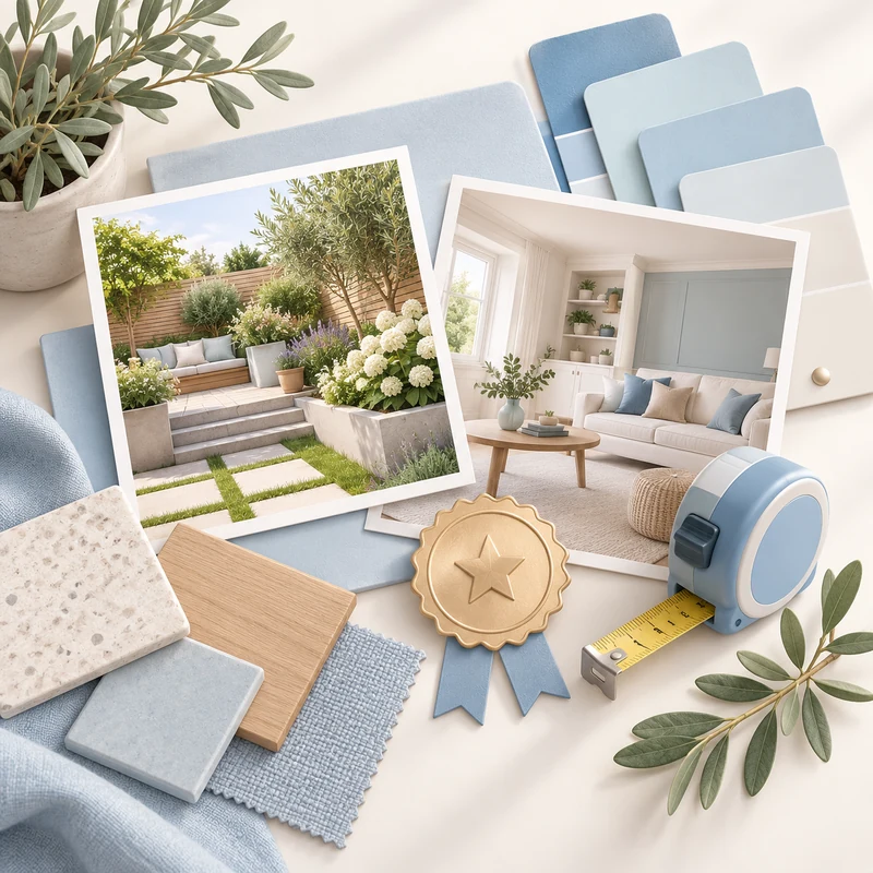 Pastel illustration of a project portfolio with sample images, material swatches, and practical tools.