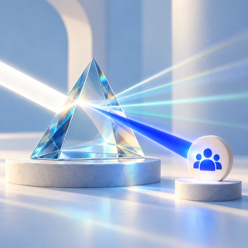 Optical prism separating broad search exposure from one focused service-intent beam.