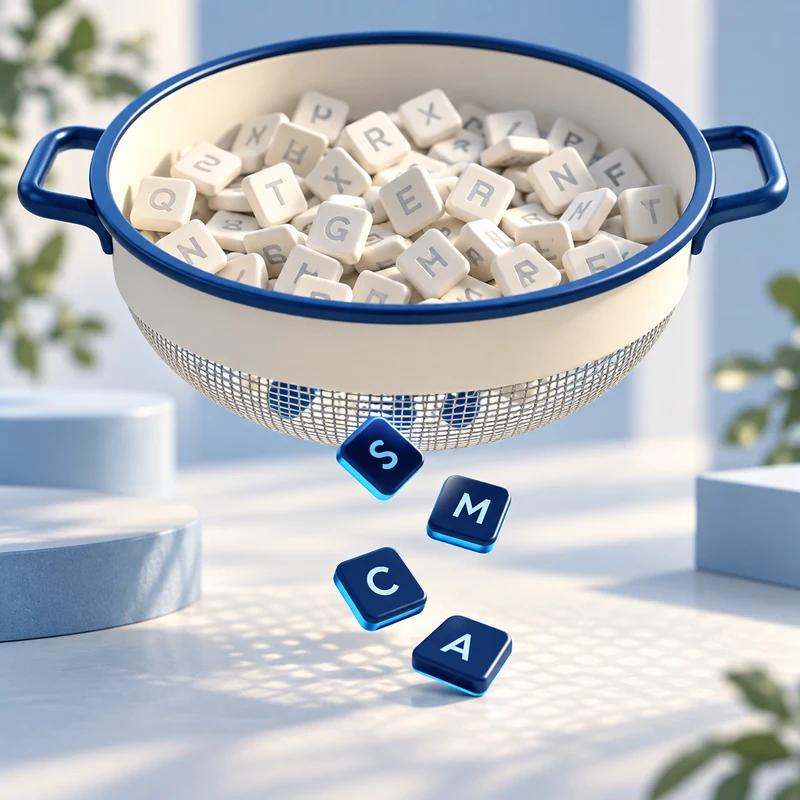 Blue-rimmed sieve selecting service-relevant search-query tiles.