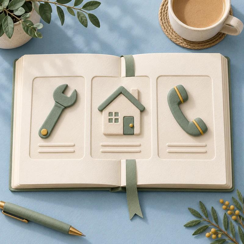 An open service booklet with distinct service, coverage, and contact symbols.