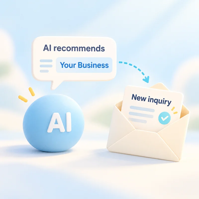 Pastel illustration of an AI search answer connected to a business storefront and a customer phone inquiry.
