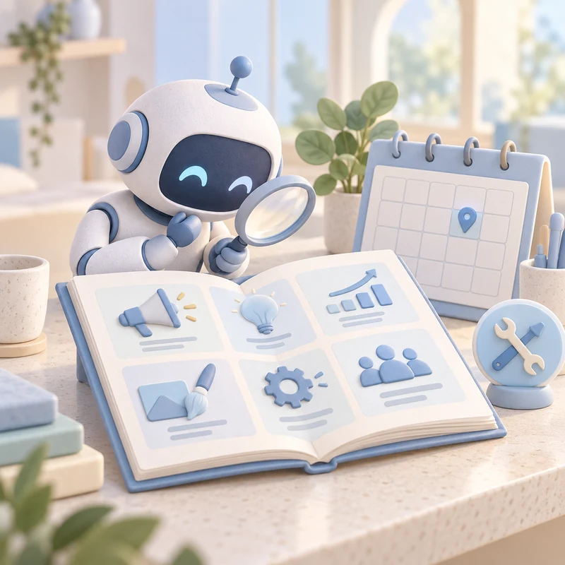 A helpful pastel AI concierge reviewing a clear service portfolio, calendar, and location details.