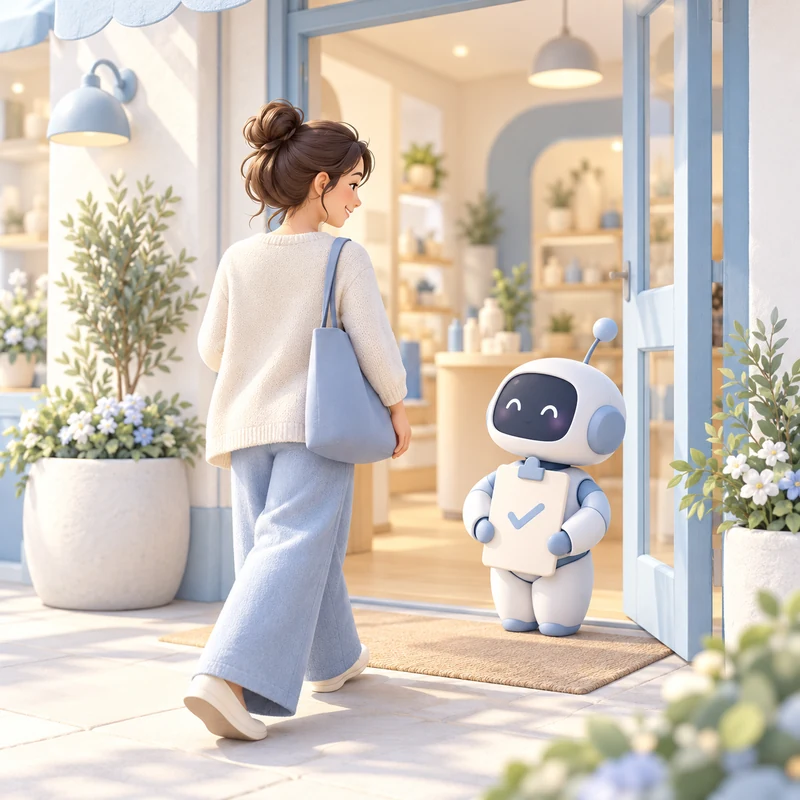 A customer and a small AI assistant arriving at a welcoming local service business.