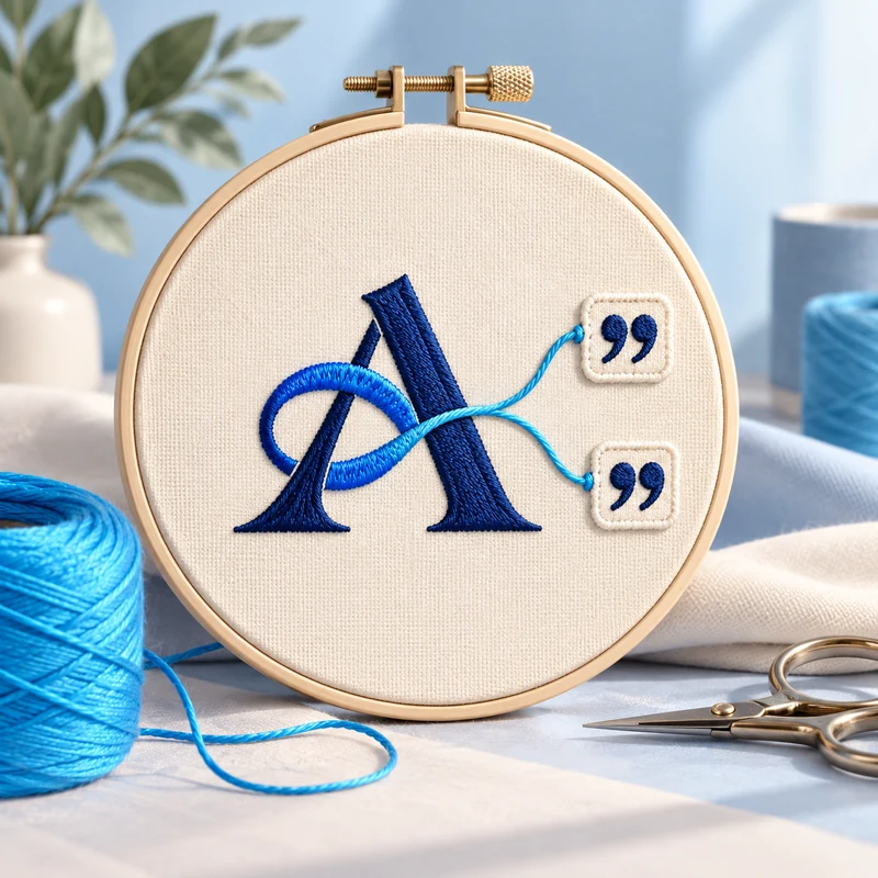Embroidered business monogram joined to citation brackets by a blue source thread.