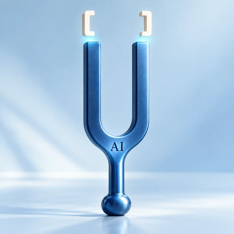 Blue AI tuning fork with citation brackets representing monitored search signals.