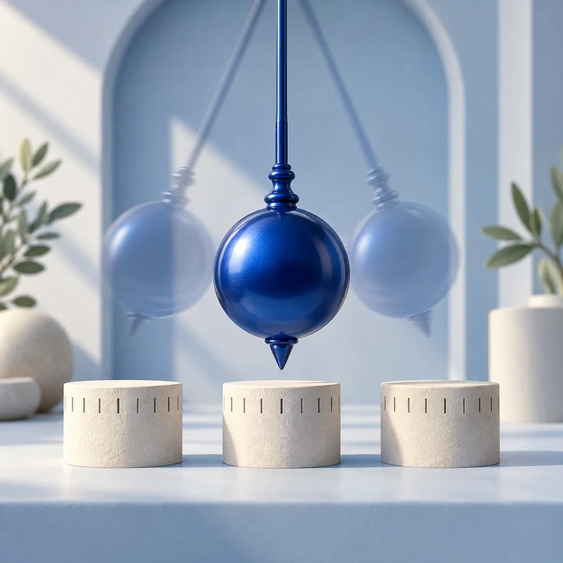 Blue pendulum above observation markers representing repeated AI visibility checks.