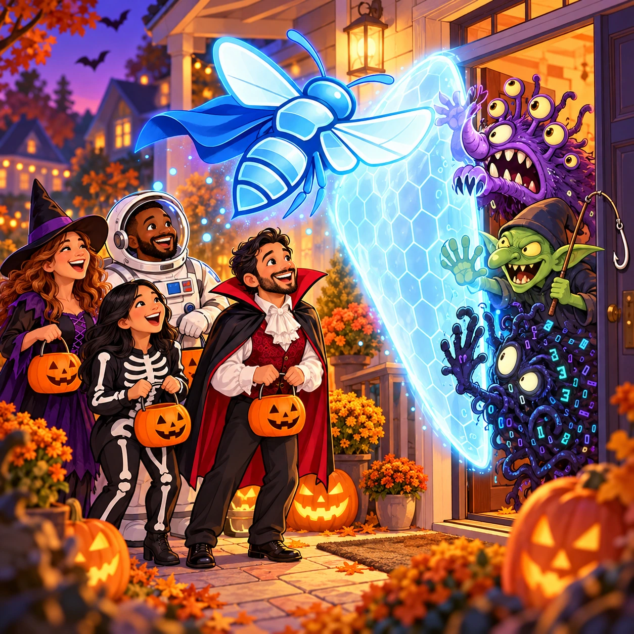 The blue All The Buzz bee protects cheerful client trick-or-treaters with a glowing honeycomb shield as playful cyber-monsters gather at the doorway.