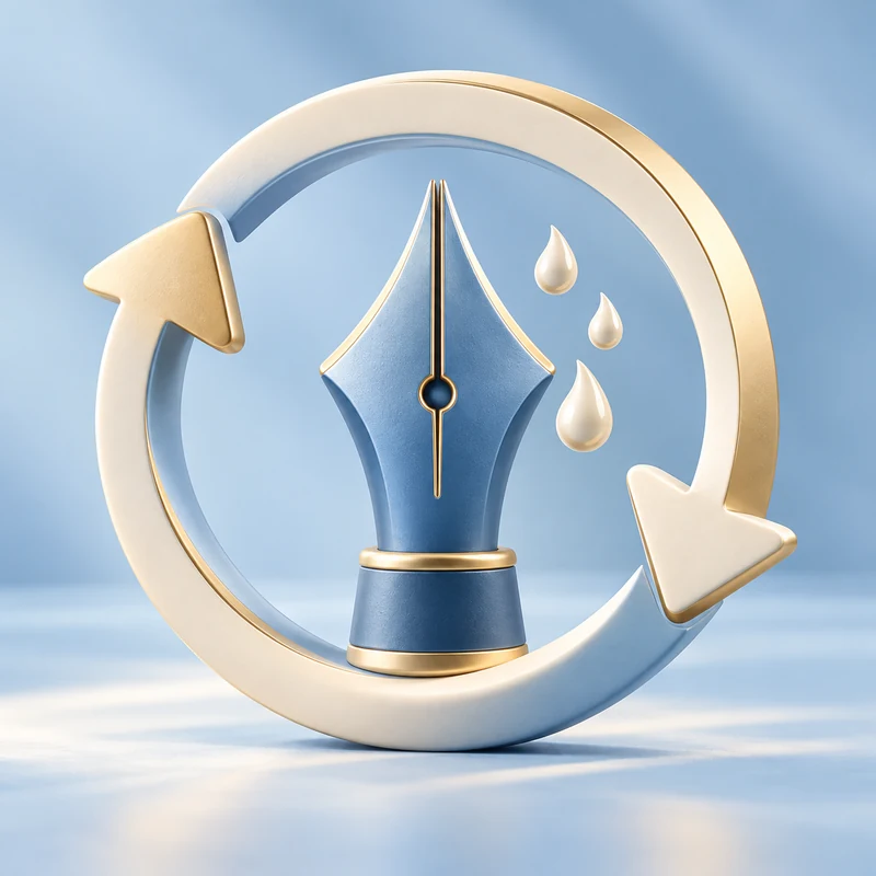 Blue fountain-pen nib inside a circular refresh ring representing improved website content.