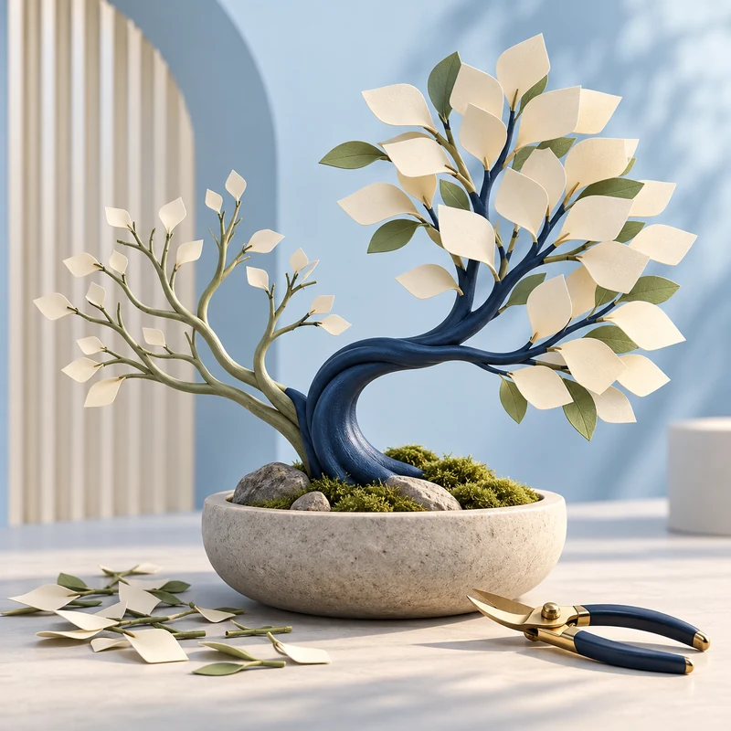 Paper-leaf bonsai with selected branches consolidated into a stronger blue branch.