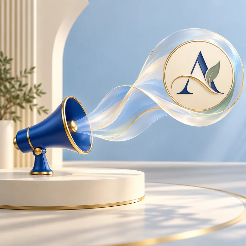 Blue megaphone projecting a connected business monogram to represent correct brand attribution.