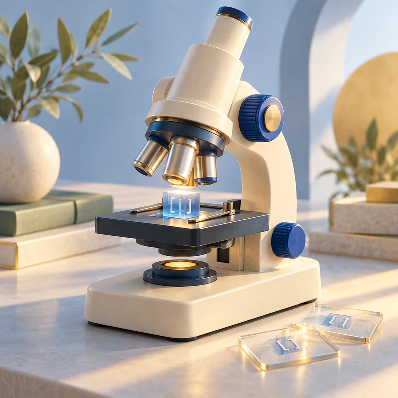 Blue-and-cream microscope examining a citation-marked sample and supporting source slides.
