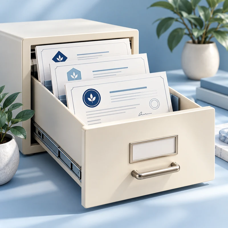 Open file drawer with organized business-registration documents.
