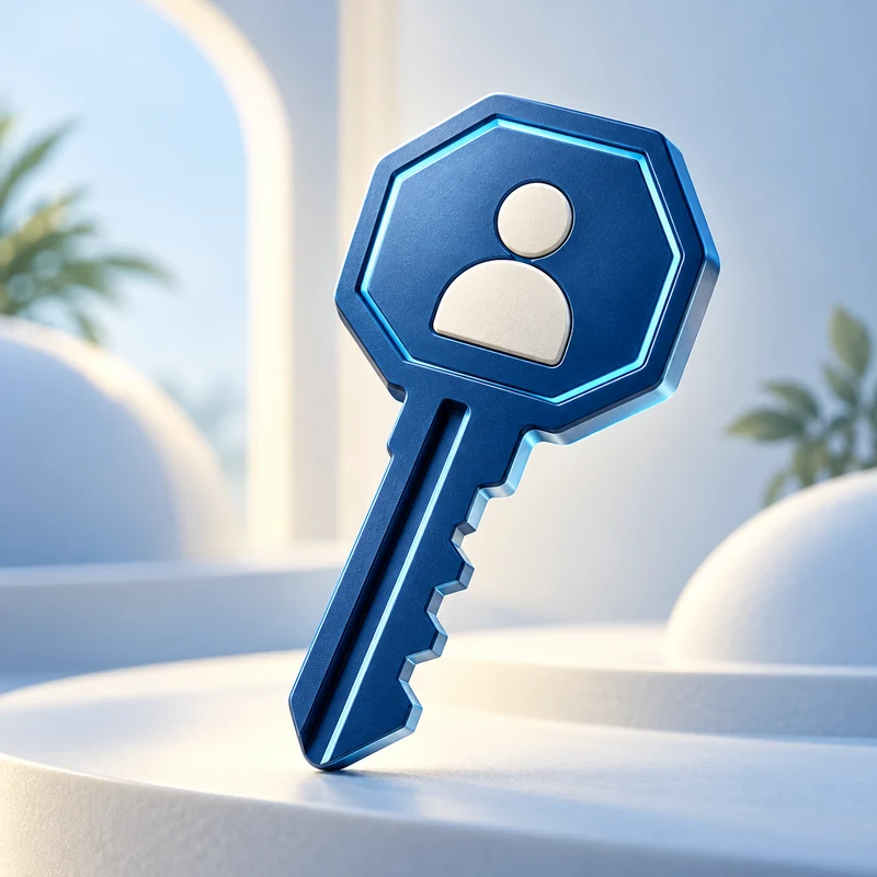 Blue key with a business-profile identity inset representing access and recovery.