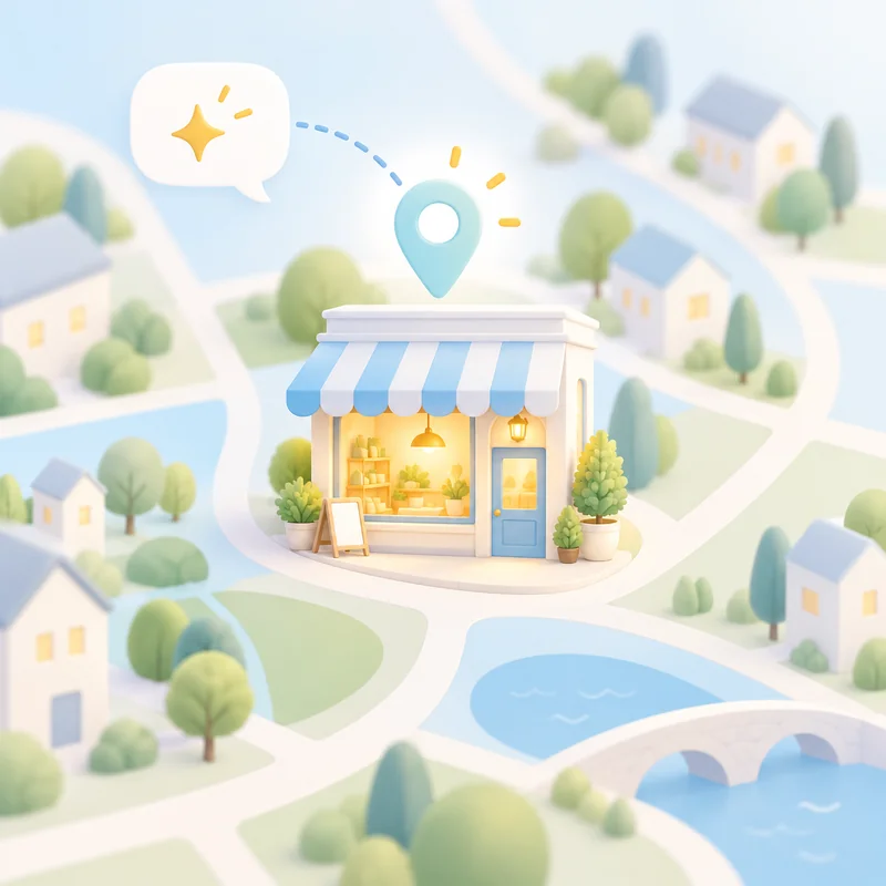 Local storefront highlighted by a map pin and AI question bubble.