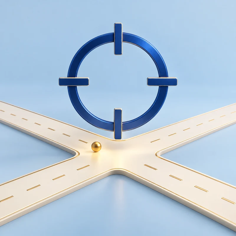 Blue location crosshair above cream crossroads and an offset search-origin marker.