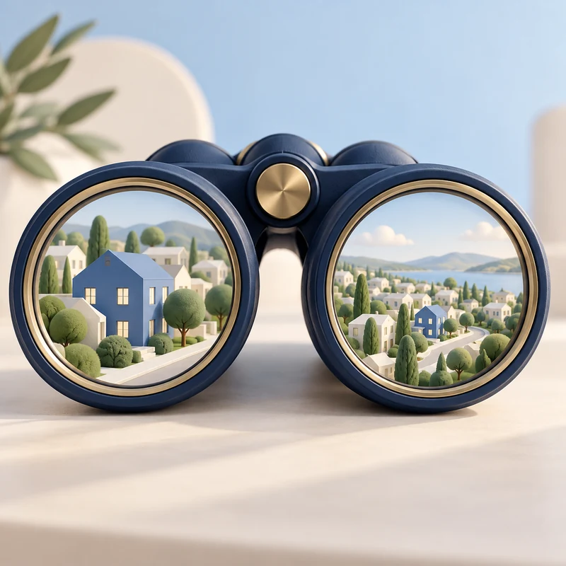 Binocular lenses showing different views of local businesses from two search locations.