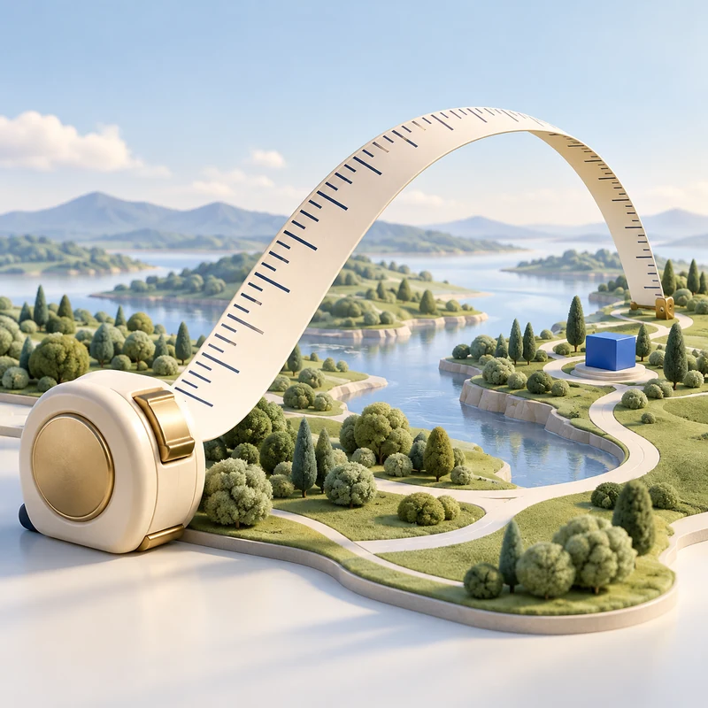 Surveyor measuring tape arcing across a model park to represent practical local service reach.