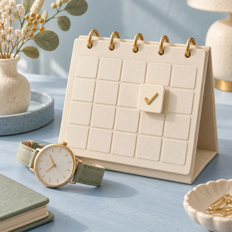Pastel desk calendar with one confirmed date and a wristwatch, representing accurate holiday hours.