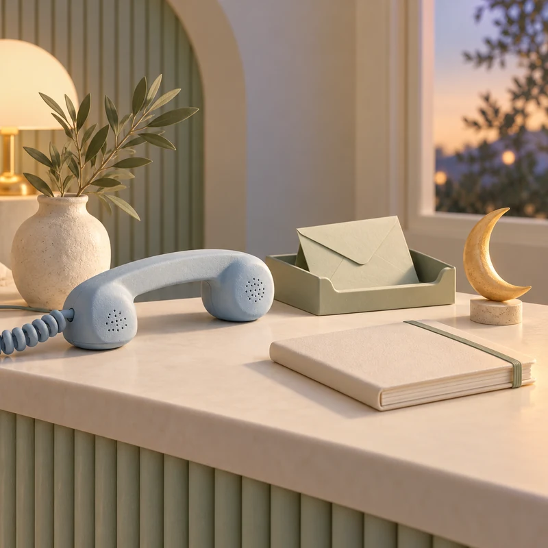 Pastel telephone, inquiry envelope, appointment book, and crescent moon representing after-hours contact.