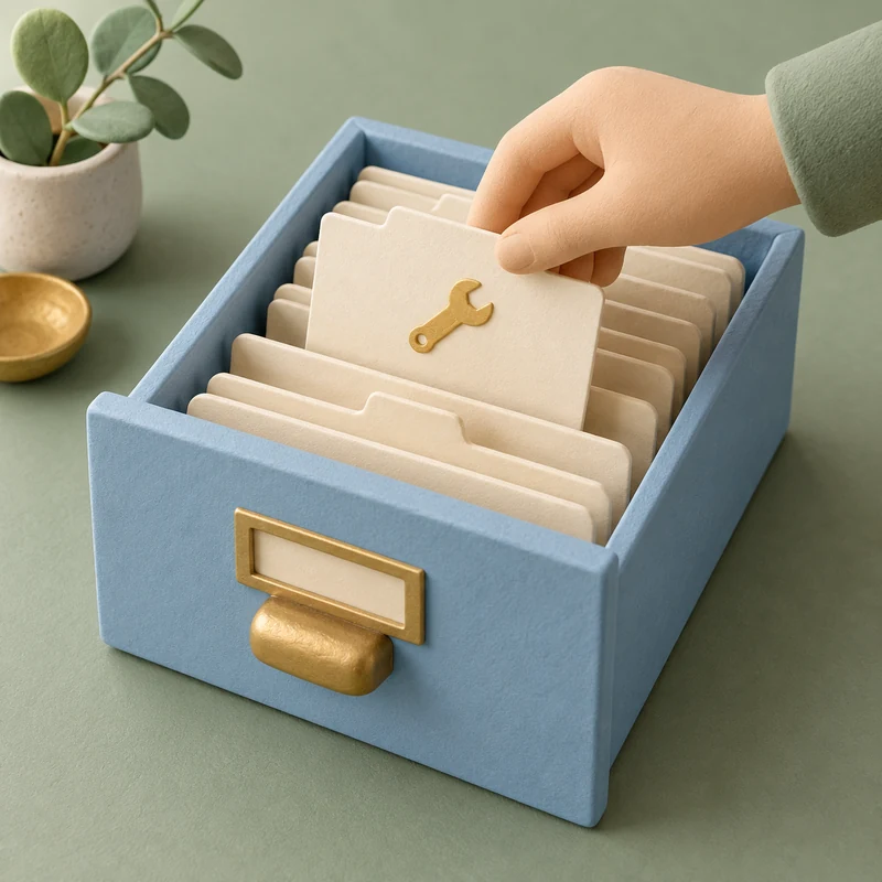 A service record being placed into its matching file slot, illustrating an indexing inspection.