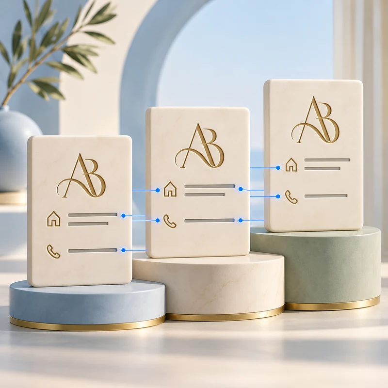 Matching business details displayed across three ceramic listing plaques.