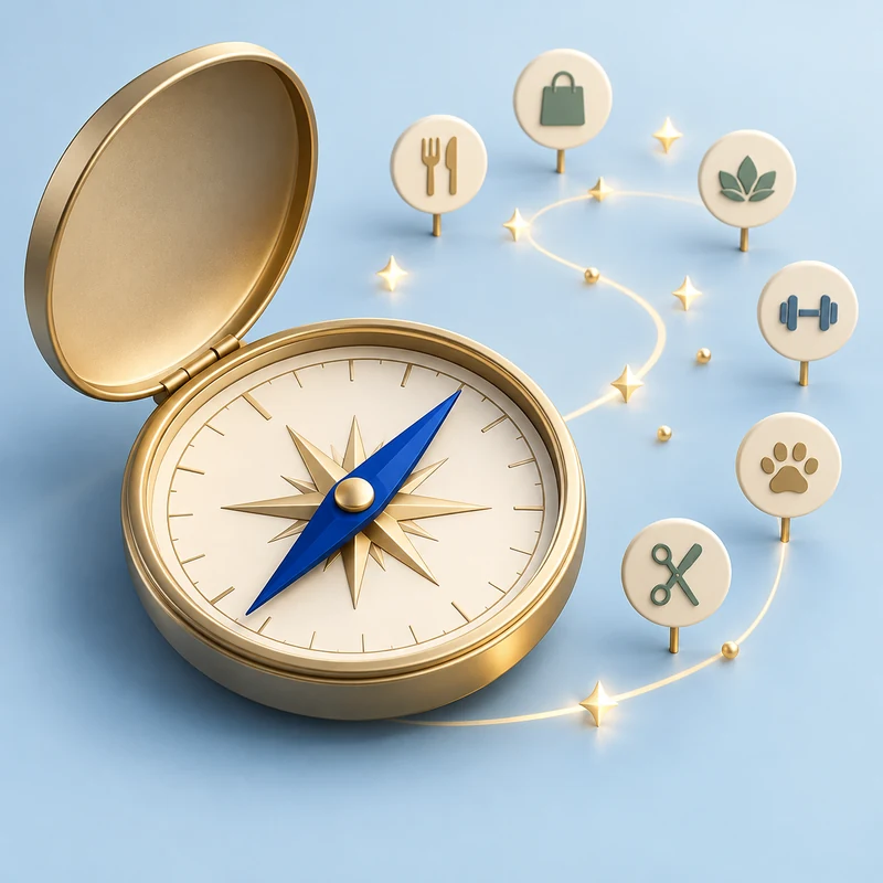 Blue compass pointing toward a constellation of business-directory markers.