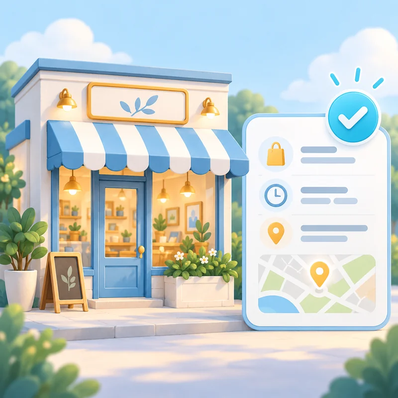 Business storefront beside a profile card showing services, hours, and location.