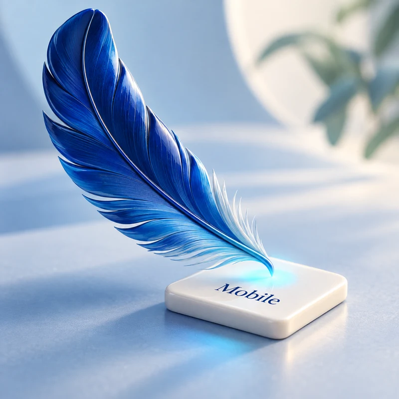 Blue ceramic feather touching an ivory tile to represent easy mobile interaction.