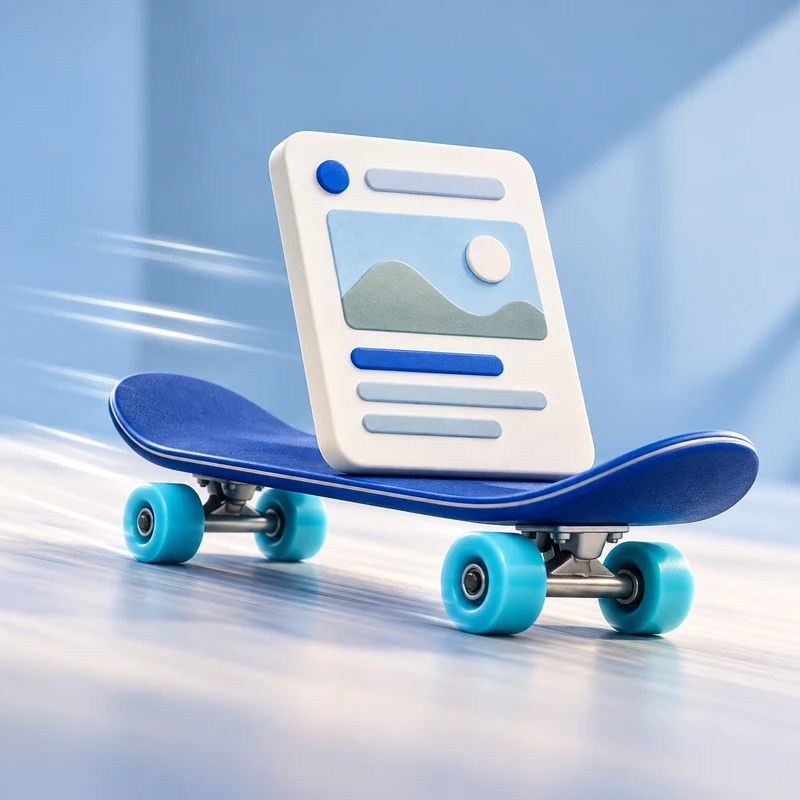 Blue skateboard carrying a lightweight page tile to represent faster mobile loading.