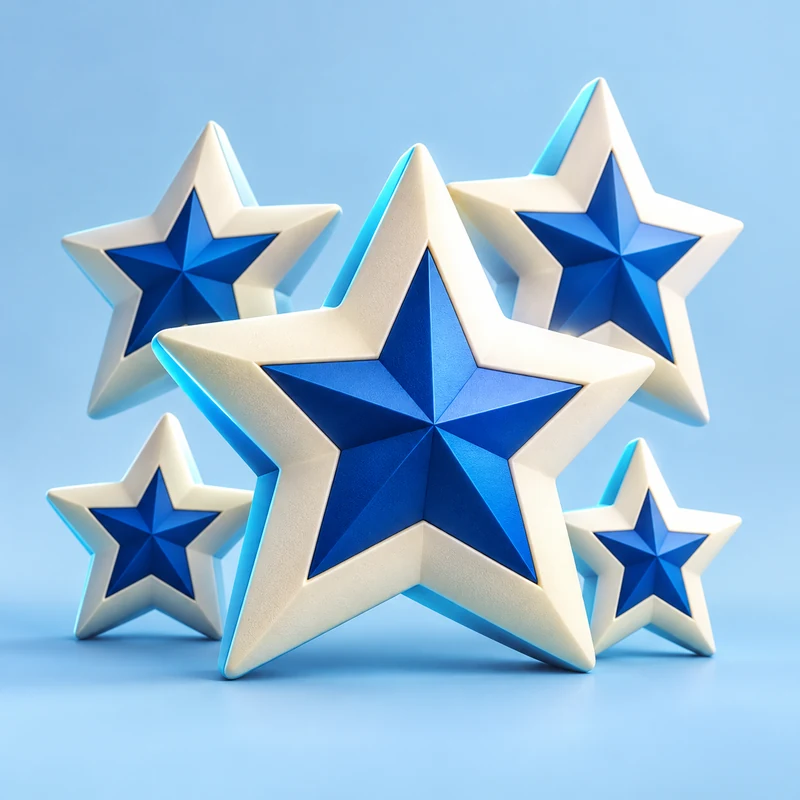 Cluster of blue-and-ivory review stars representing customer trust.