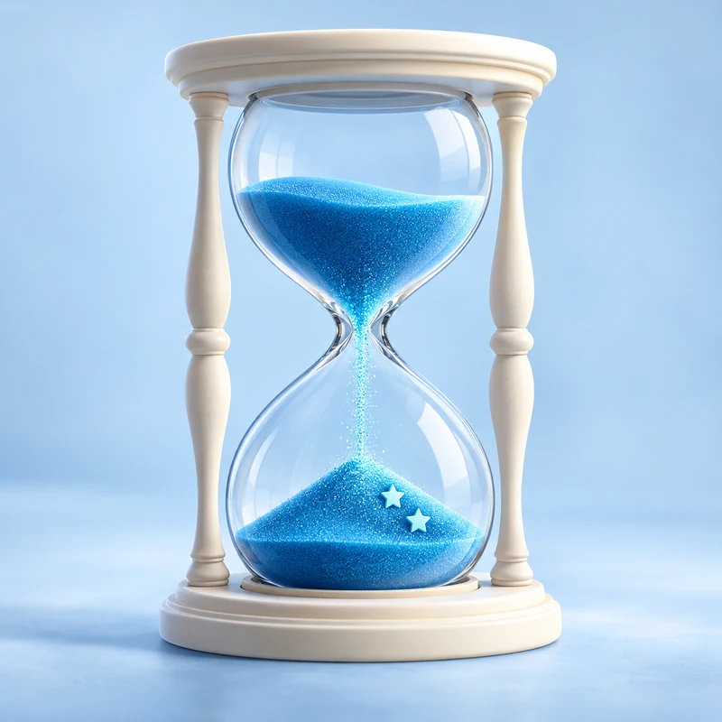Ivory hourglass with blue sand representing recent customer feedback.