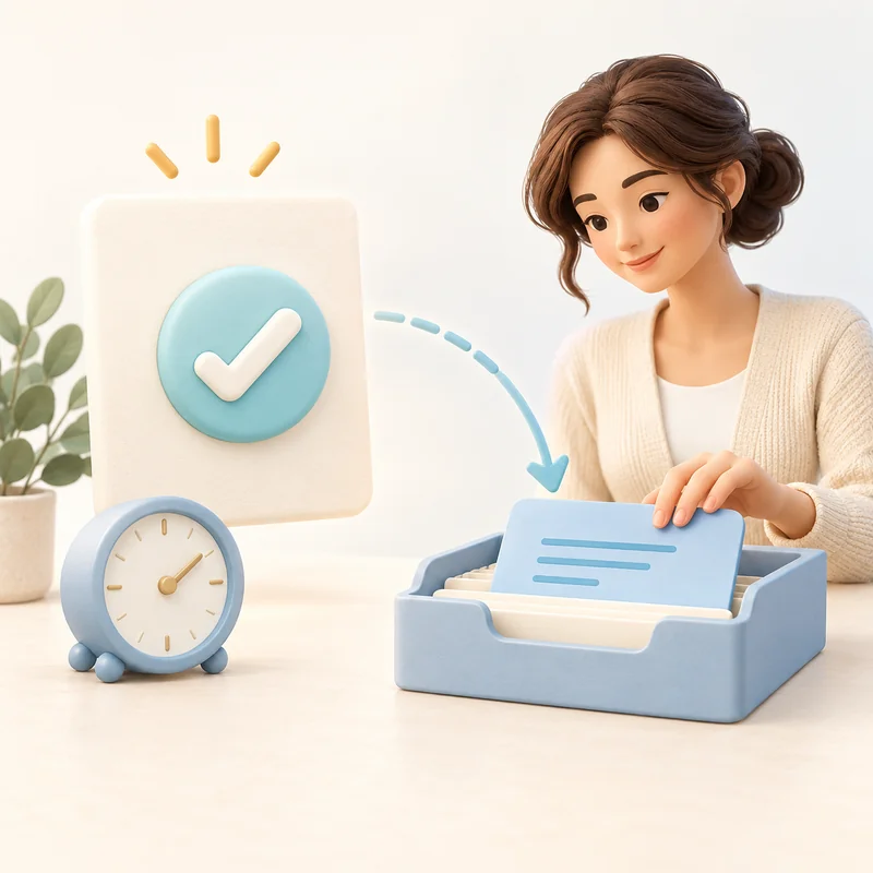 Confirmation card, clock, and incoming-request tray representing clear follow-up expectations.