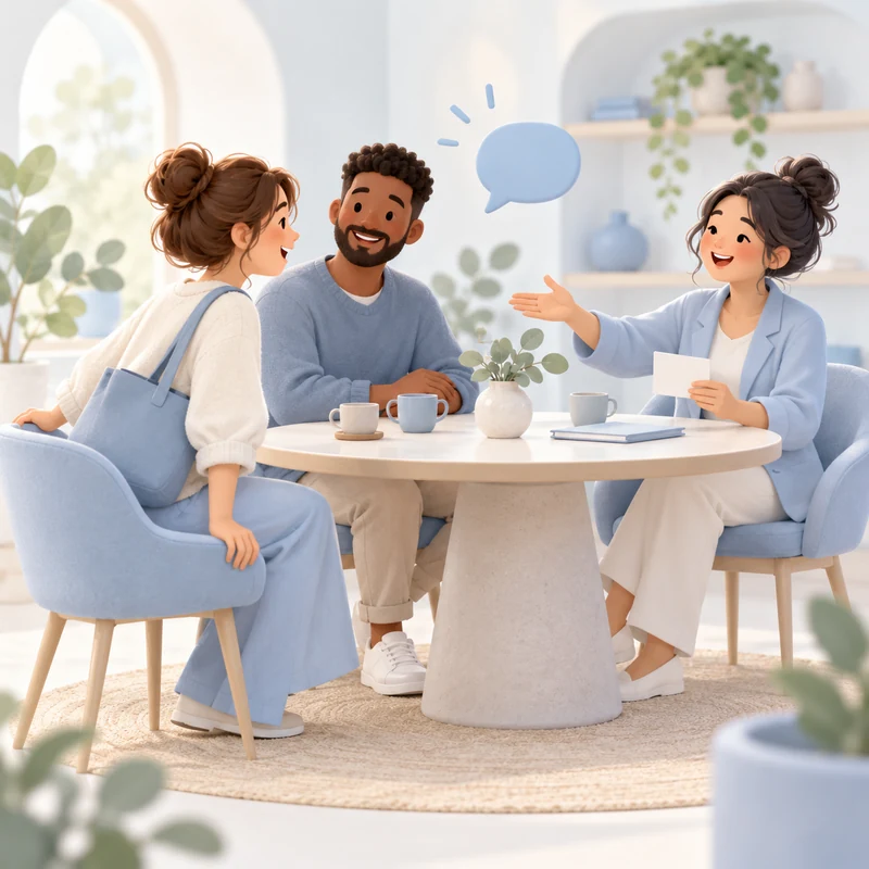 A welcoming business owner introducing new and familiar customers around a consultation table.