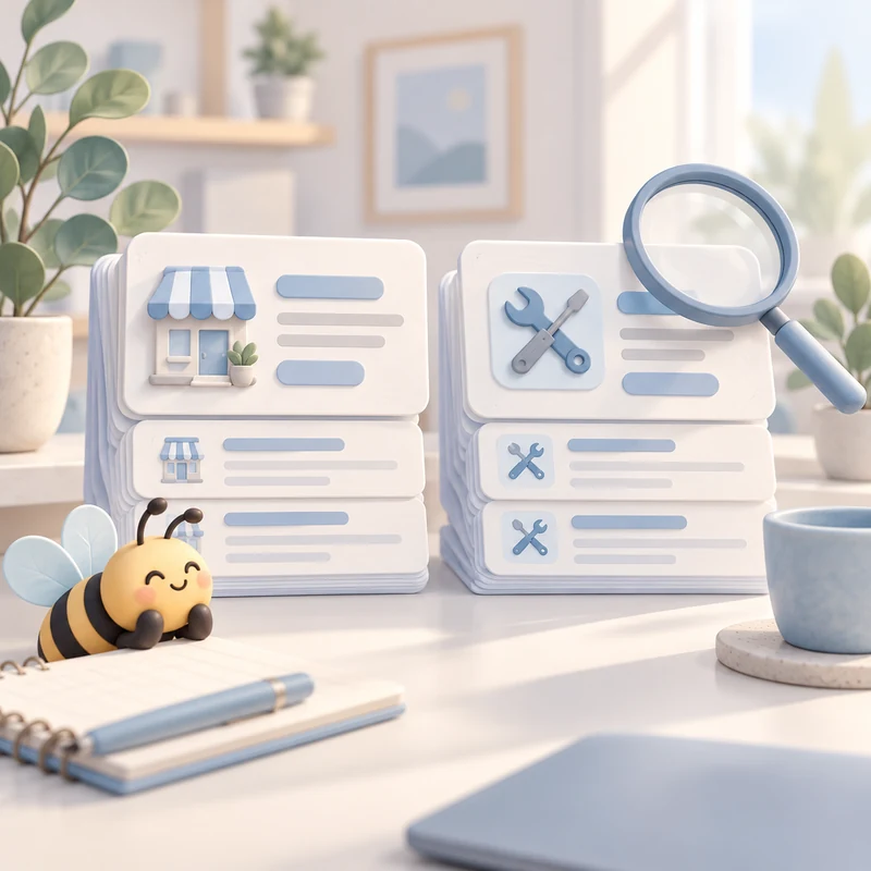 Two organised sets of pastel search cards representing business-name searches and service discovery.