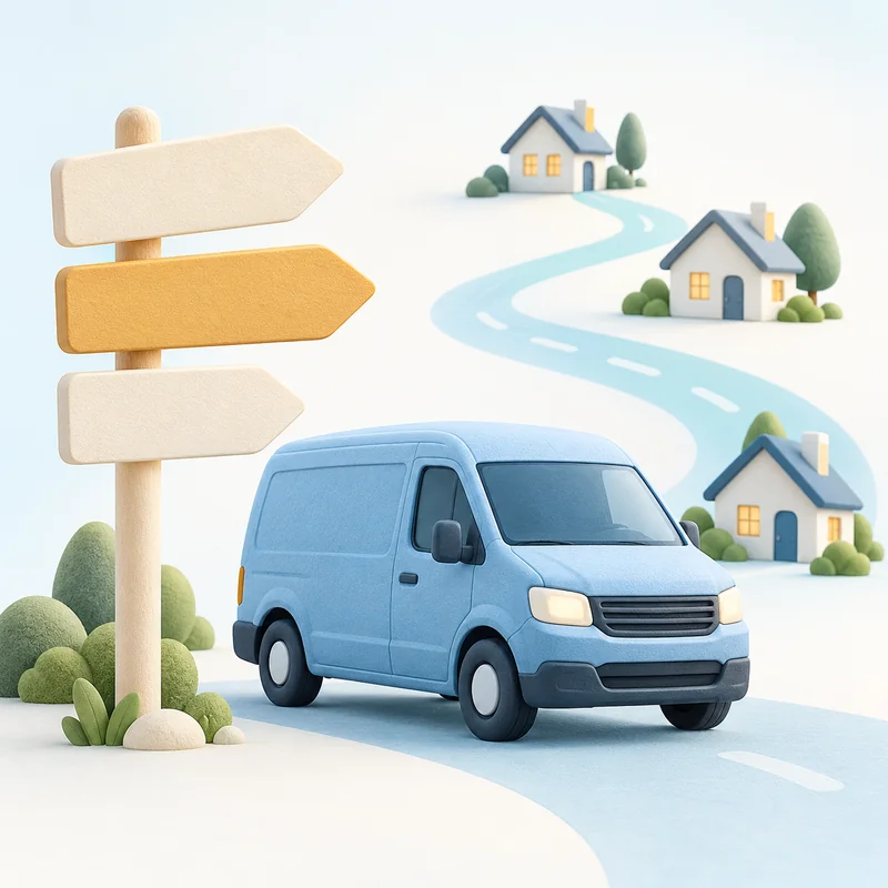 Service van and directional sign connecting a business with nearby homes.