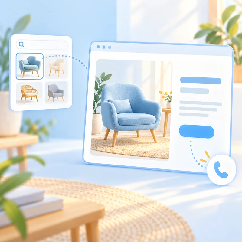 Image search connecting a product photo with a useful website page and contact option.