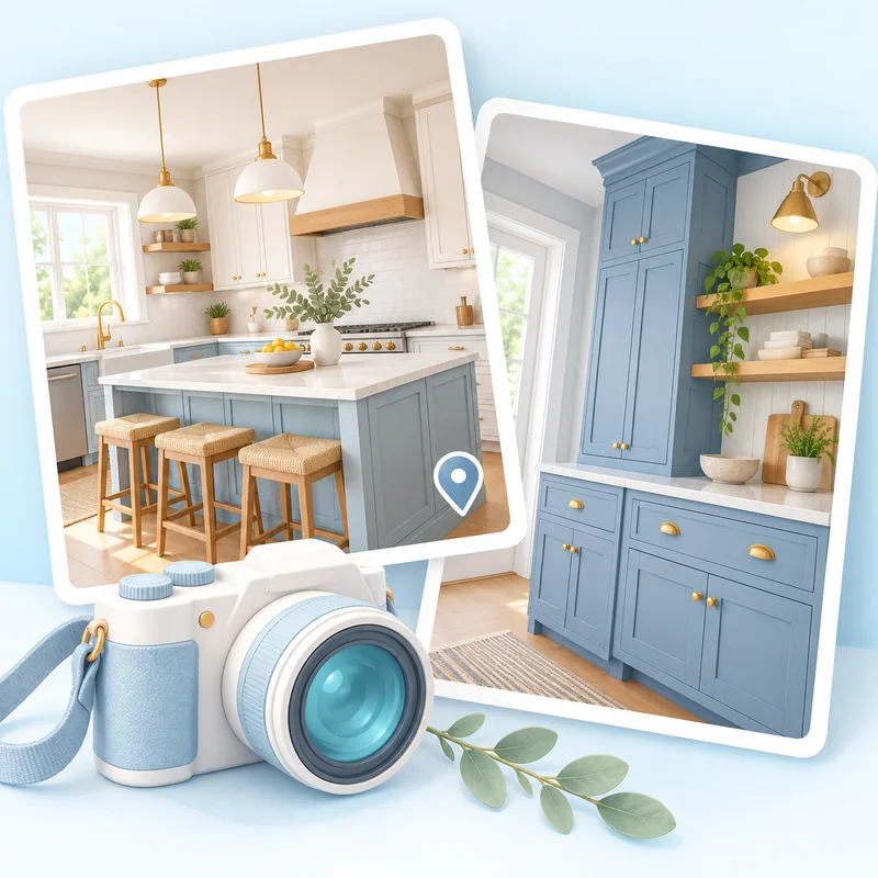 Illustration of project photographs and a camera, representing original business imagery.