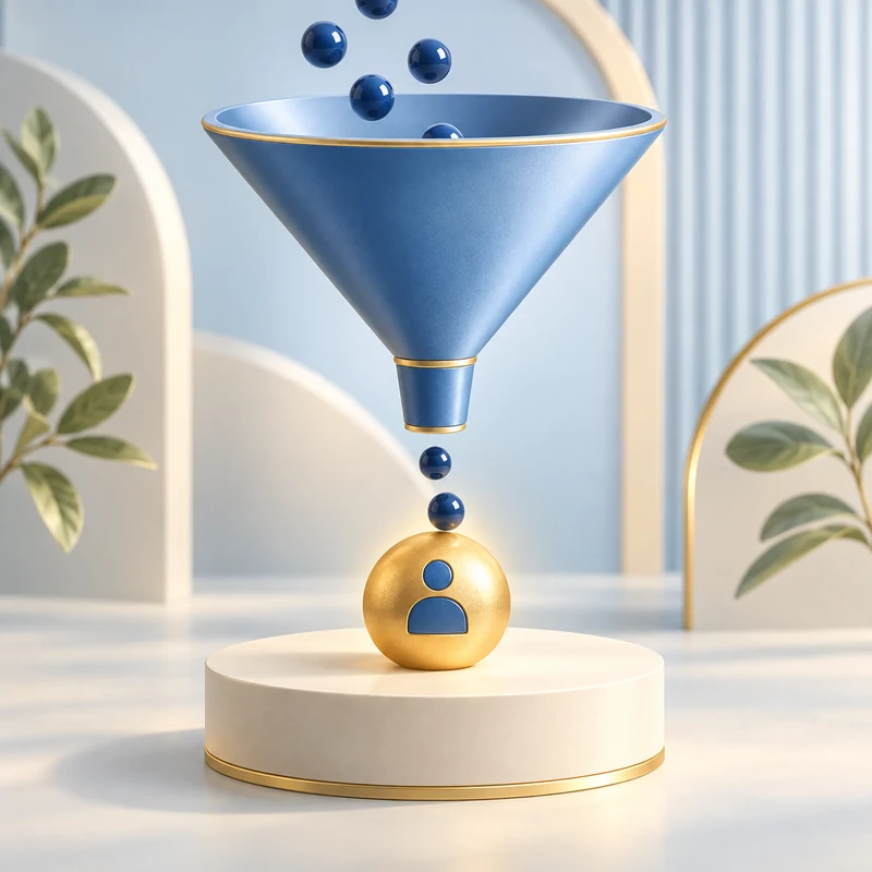 Blue funnel guiding visitor marbles toward one customer-inquiry sphere.