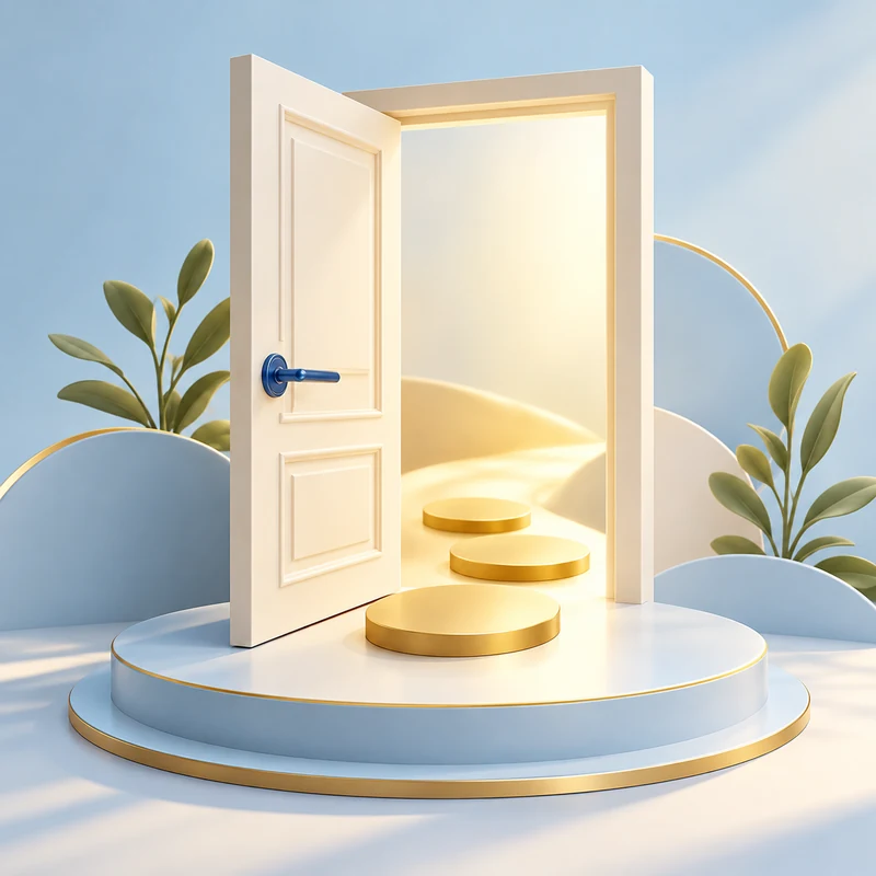 Open cream door and welcoming stepping stones representing a clear next step to contact a business.
